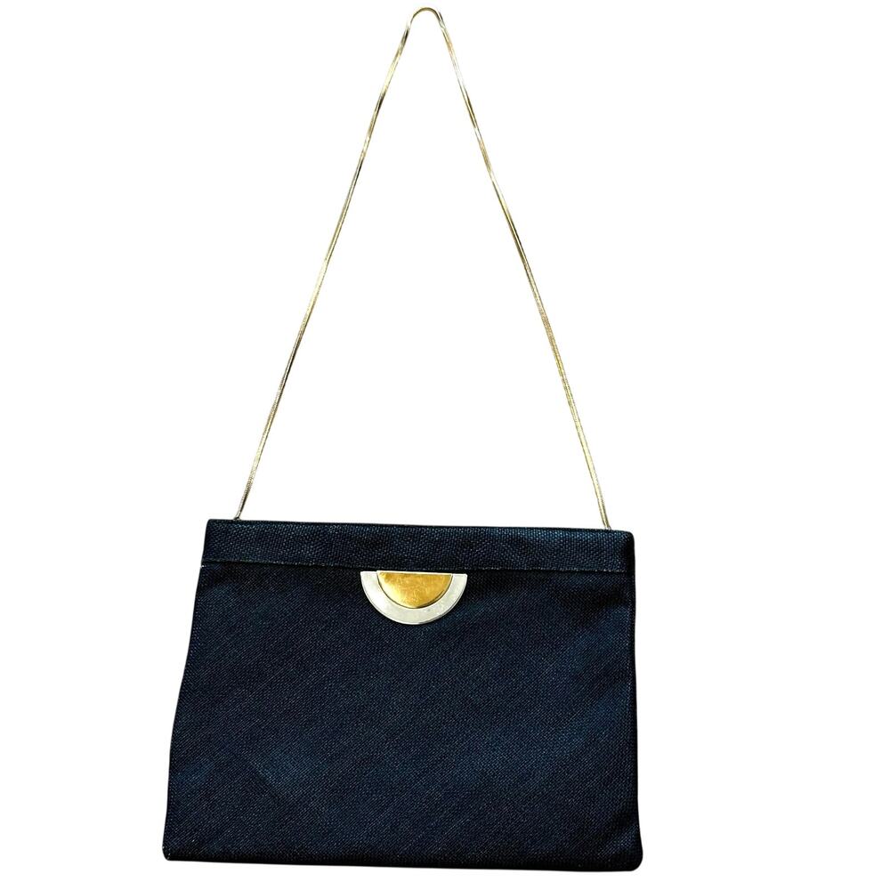 Vintage 80s Reva Black Envelope Purse w/ Gold Half‑Moon Accent & Snake Chain